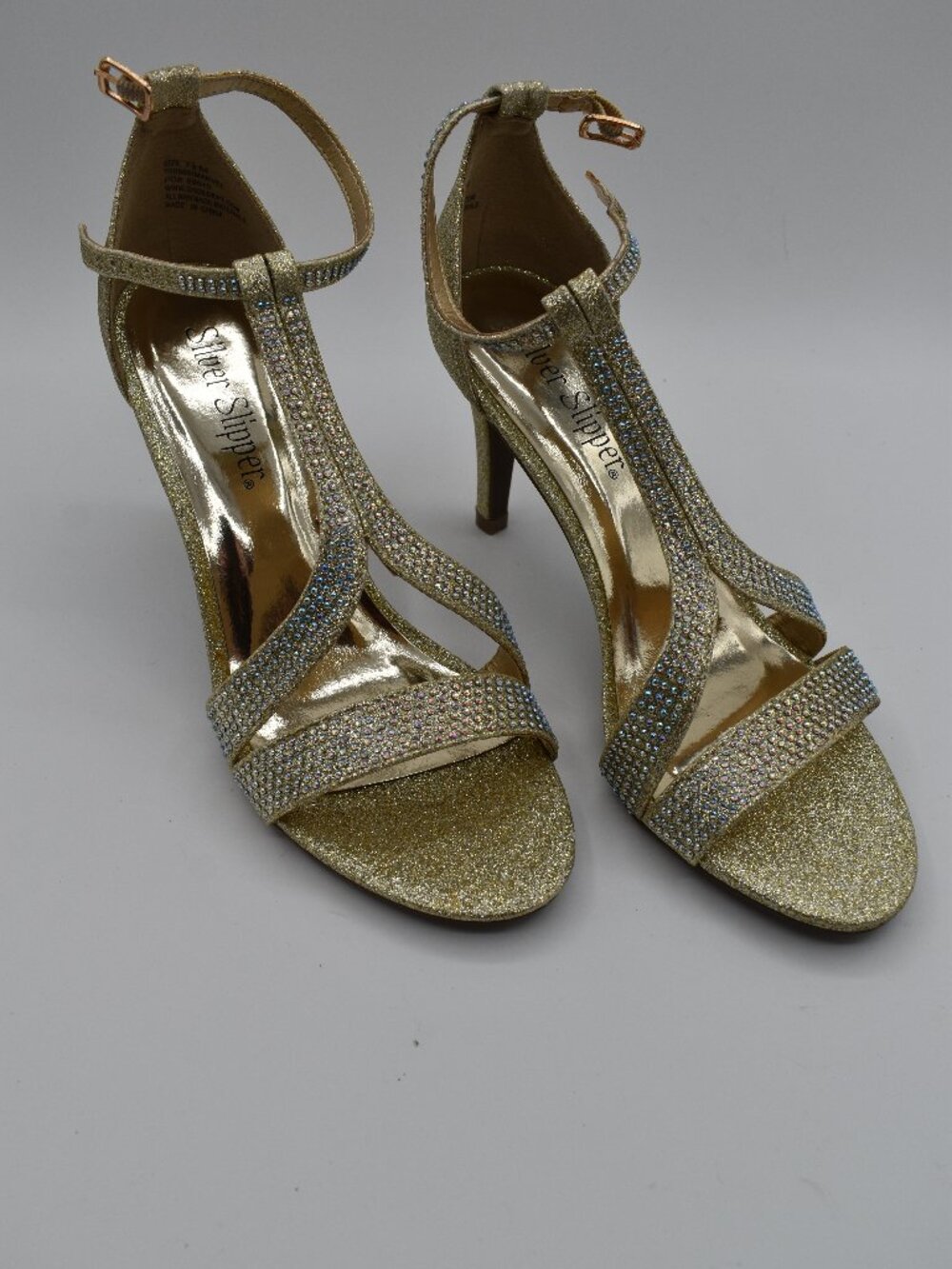 NEW 7.5 Gold Rhinestone Glitter Heels Prom Formal with Box by Silver Slipper